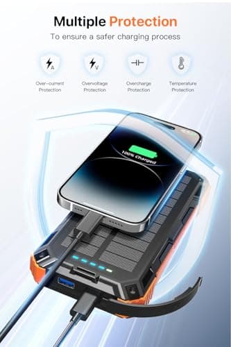 Solar Power Bank 49800mAh Wireless Portable Charger with USB-C 15W Fast Charging with 4 Built-in Cables LED Flashlight Battery Pack Compatible with iPhone, iPad, Smartphone,Perfect for Camping, Hiking 5