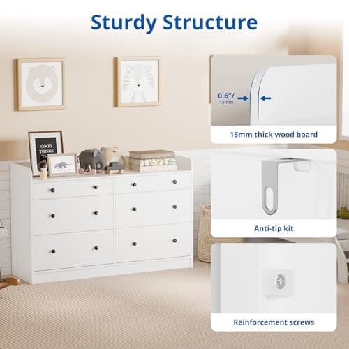 Cozy Castle Baby Dresser with 6 Drawers and Large Table Top, Multi-Functional Chest of Drawer, Drawer Dresser with Three-Sided High Rails for Nursery, Children's Room, Bedroom, White 6
