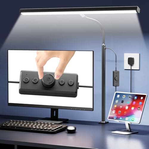LED Desk Lamp for Home Office , 1500Lumen Knob Stepless Dimming (12V/Adapter Included),Eye-Caring Desk Light with Gooseneck,Timmer & Memory Function, Clamp Light for Workbench Reading Study-Black