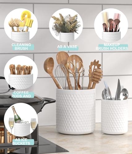 CLTIKACK Ceramic Utensil Caddy, Large Spatula Holder, 6.8 inch Cooking Utensil Holder for Kitchen Counter, Farmhouse Kitchen Decor for Silverware Spoon Crocks 2PCK 5