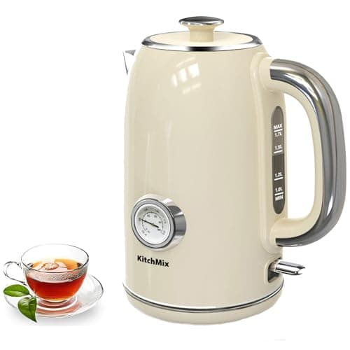 Electric Stainless Steel Tea Kettles1500W-1.7L-with Thermometer, Auto Shut-Off & Boil-Dry, Cool Touch Handle, BPA Free Kettle & Hot Water Kettle (Beige)