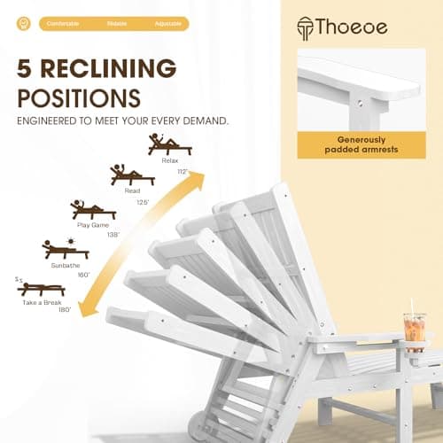 THOEOE Patio Chaise Lounge Chair, Oversized Lounge Chair Outdoor with 5 Positions, HDPE, Patio Lounge Chair with Wheels & Cup Holder for Pool, Deck, Poolside,White 5