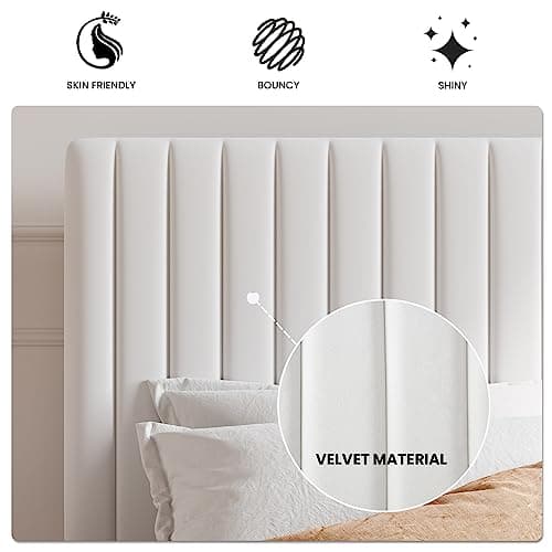 SHA CERLIN Full Upholstered Platform Bed Frame with Vertical Channel Tufted Velvet Fabric Adjustable Headboard, Wooden Slats Support, Mattress Foundation, Box Spring Optional, White 6