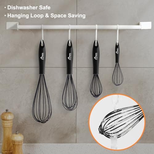 HOTEC 4 Pieces Silicone Whisks Set, Wire Balloon Whisks Egg Beater, Non-slip Handle Whisk for Non-stick Cookware Perfect for Cooking, Stirring, Beating and Blending (Black) 9