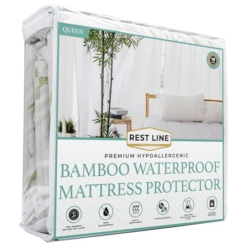 Queen Size 60x80” Premium Bamboo Waterproof Mattress Protector, 100% Viscose from Bamboo, Hypoallergenic, Cooling Mattress Pad Cover, Soft & Breathable Fitted Sheet Style up to 18" Deep - Rest Line