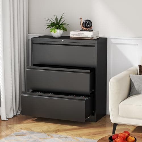 PIYAZEE Lateral File Cabinet, 3 Drawer Lateral File Cabinet with Lock, Metal Lateral Filing Cabinet for Home Office, Office Organization Cabinet for Letter/Legal/F4/A4 Size 9