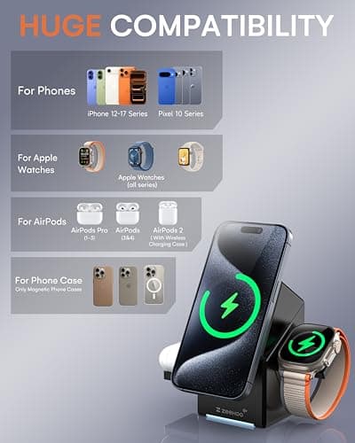 ZEEHOO 3 in 1 Charging Station, iPhone Charging Station for Apple MagSafe Charger, Qi2 Certified, 15W Fast Wireless Charger, for Apple Watch, for iPhone 17,16 15,14,13,12 Series, AirPods (Black) 5