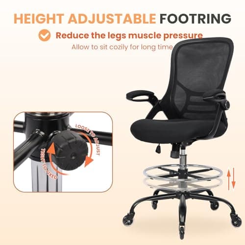HYLONE Drafting Chair Adjustable, Tall Office Chair Lumbar Support Ergonomic Standing Desk Chair Heavy Duty Tall Drafting Stool for Artists with Footrest Home Office Drafting Stool 7
