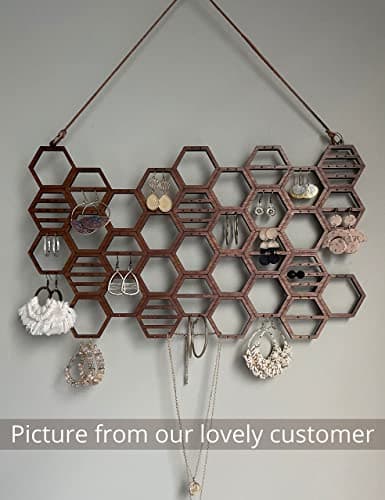 Heesch Honeycomb Earring Organizer Wall Mount Display Wood Hanging Jewelry Organizer for Stud Earrings, Necklaces (Walnut) 7