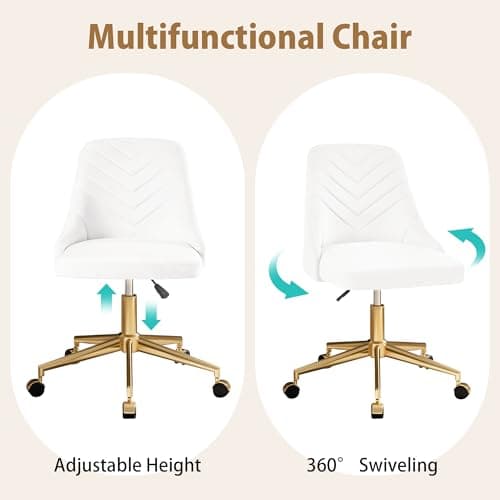 VECELO Velvet Vanity Desk Chair with Height-Adjustable for Office Living Room Bedroom Make Up Study, 360°Swivel, Wheeled Gold Base, White 6