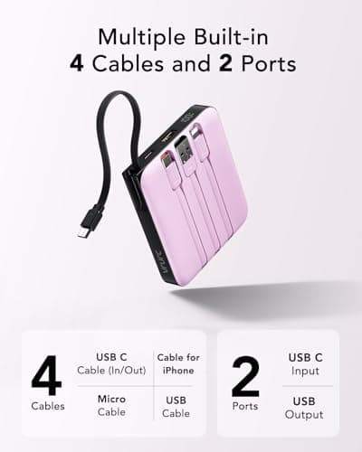 VRURC Portable Charger with Built-in Cable, 10000mAh Power Bank, 22.5W/PD20W Fast Charging USB C Battery Pack for iPhone 16 15 14 Samsung Galaxy S25 S24 S23 S22 Android Airpods, Purple(1 Pack) 6