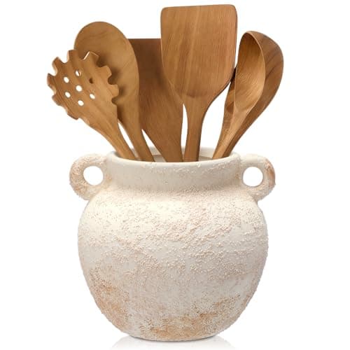 Qinyoung Rustic Kitchen Utensil Holder 6 Inch Small Ceramic Utensil Holder with Handle Vintage Crock Decoration Spatula Organizer for Kitchen Countertop Farmhouse Party Supplies(White,Elegant) 8