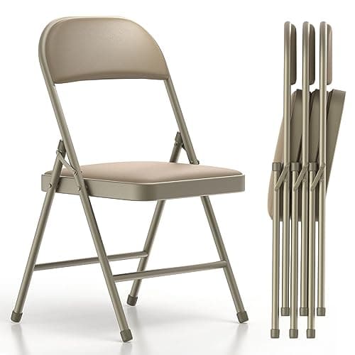 Nazhura 4 Pack Folding Chairs with Padded Vinyl Cushion Chairs with Comfortable Cushion and Durable Steel Frame for Home and Office, for Indoor and Outdoor Events (Kahki Vinyl Padding 4 Pack)