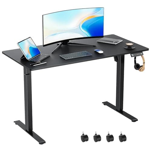 VVEANCE 48'' x 24'' Electric Standing Desk Adjustable Height with Wheels, Sit Stand Up Desk, Home Office Desk, Rising Lifting Ergonomic Desk with Spliced Desktop Black