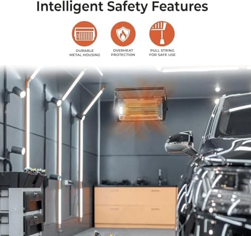 Comfort Zone 1500W Ceiling Mounted Dual Quartz Radiant Heater – Infrared Workshop Heater with 90° Adjustable Tilt, Built-in Halogen Light & Pull String Control – Overheat Protection, Black 3