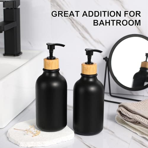 KASUNTING Hand Soap Dispenser Bathroom, Black Dish Soap Dispenser for Kitchen, 17 Fl Oz Plastic Hand and Dish Soap Dispensers Set with Bamboo Pump, 2 Pack Refillable Liquid Lotion Containers Bottle 5