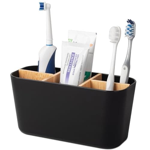 Toothbrush Holders for Bathrooms, Bamboo Tooth Brush Holder with 5 Slots Bathroom Vanity Organizer Countertop for Electric Toothbrushes, Toothpaste, Razors - Black