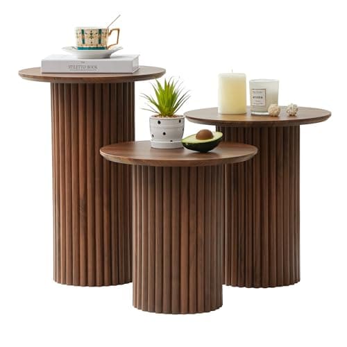 Bifins Round Nesting Coffee Table Set of 3,Mid Century Modern Fluted Coffee and End Table Set,Small Circle Wooden Side Table Drink Table for Living Room (Walnut)