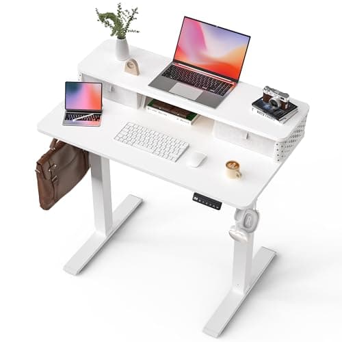 FiCiHi 35x20 Inch Standing Desk with Drawers, C-Clamp Mount Compatible, Electric Adjustable Height Computer Small Stand Up Desks, Home Office Sit Stand Table with 3 Preset Heights, White