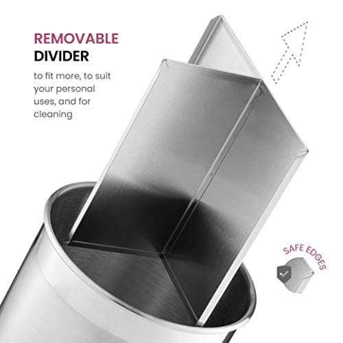 FineDine Rotating Kitchen Utensil Holder for Kitchen Counter - With Weighted Base for Stability, Stainless Steel Cooking Utensil Holder with Removable Divider, Brushed Stainless Steel 6