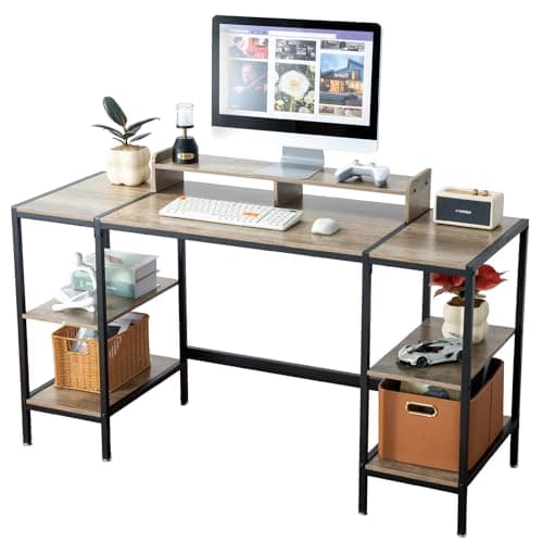 MINOSYS Gaming/Computer Desk - 47” Home Office Small Desk with Monitor Stand, Rustic Writing Desk for 2 Monitors, Adjustable Storage Space, Modern Design Corner Table.