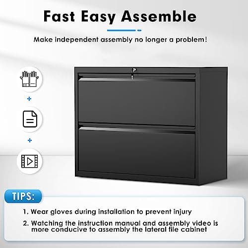 Pataku Lateral File Cabinet, 2 Drawer File Cabinet with Lock, Black Filing Cabinets for Home Office, Metal File Cabinet for Hanging Files/Letters/Legal/F4/A4(2Drawer/Black) 9