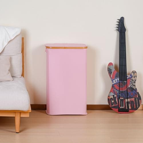iEGrow 65L Slim Laundry Hamper, Narrow Laundry Basket with Lid,Foldable Clothes Hamper with Bamboo Handles,Hamper Basket with Removable Inner Bag for Laundry Room Bedroom College Dorm,17.17 Gals Pink 6