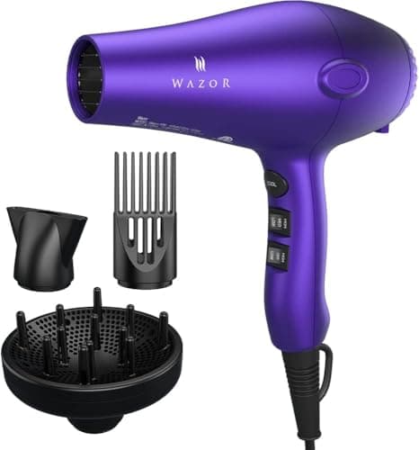 Wazor Lightweight Hair Dryer with Diffuser, Negative Ionic Professional 1875W Blow Dryer with 2 Speed 3 Heat Settings Cool Shot Purple