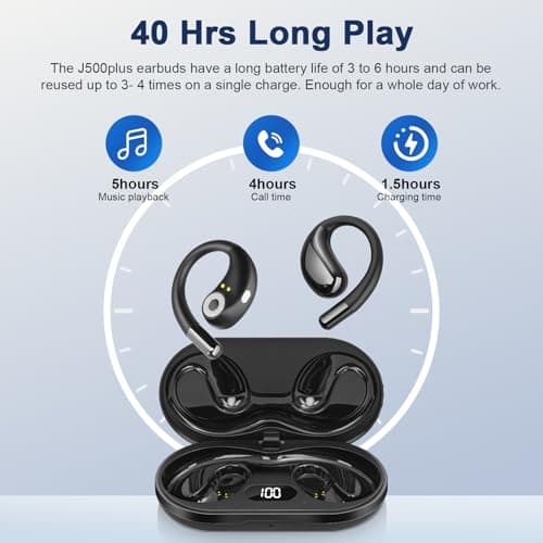 Open Ear Clip Wireless Earbuds Bone Conduction Headphones, Bluetooth 5.4, Open Ear Design, Built-in Mic, IPX5 Waterproof, LED Display Charging Case,Ear Hooks Ear Buds,Design for Running Fitness Black 8