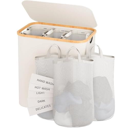 Laundry Hamper 3 Section, 145L Dirty Clothes Hamper with Lid, Extra Large Laundry Basket Organizer with Removable Inner Bags & Labels for Laundry Room, Bedroom, Beige