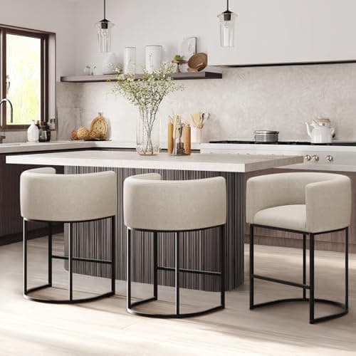 KRAMZMING Counter Height Bar Stools Set of 2, 24 Inch Seat Height Barstools for Dining Room, Fabric Upholstered Bar Chair for Kitchen Island, Linen Counter Stools with Metal Legs, Beige 7
