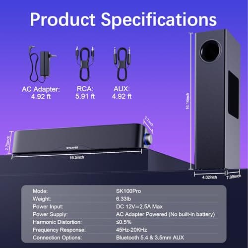 Nylavee Computer Speakers with Subwoofer, 2.1 PC Speakers System with Bluetooth 5.4 & 3.5mm Aux-in, 60W Peak Power, AC Adapter Powered Computer Sound Bar for Desktop PC, Laptop, Monitor, Gaming 7