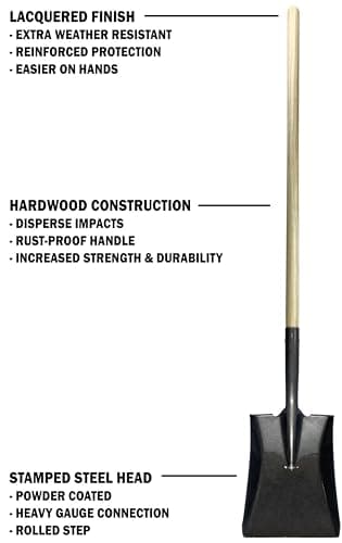 Workforce Tools Square Point Shovel - Sturdy 48” Wooden Handle - Heavy Duty 16 Gauge Steel Head 5