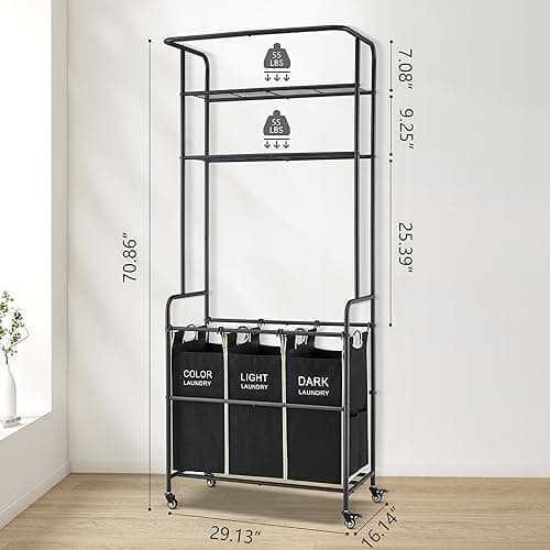 Gewudraw Laundry Sorter 3 Section,Laundry Hamper Cart with Hanging Rack & Removable Bags,Heavy Duty Laundry Basket with Wheels & 2 Tier Shelf,Space-Saving Laundry Basket Organizer for Laundry Room 6
