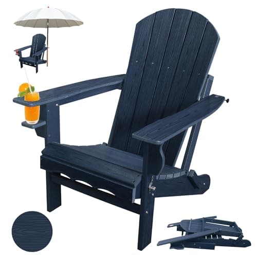 Folding Adirondack Chairs, HDPE Plastic Adirondack Chair with Cup Holder Weather Resistant, Wood Texture Outdoor Fire Pit Chairs for Patio Garden,Poolside and Deck, Umbrella Hole, Dark Blue