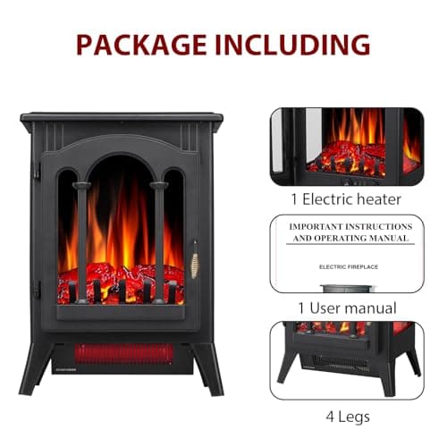 Xbeauty 23'' Electric Fireplace Stove, Freestanding Fireplace Stove with Adjustable Realistic 3D Flame Effect, Overheating Protection, 1000W/1500W 9