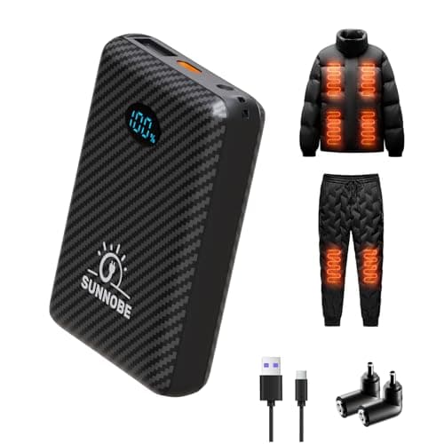 SUNNOBE Battery Pack for Heated Vest, 7.4V/5V 10000mAh Power Bank for Heated Vest with DC/USB/Type-C Output and LED Display for Heating Clothing and Phones