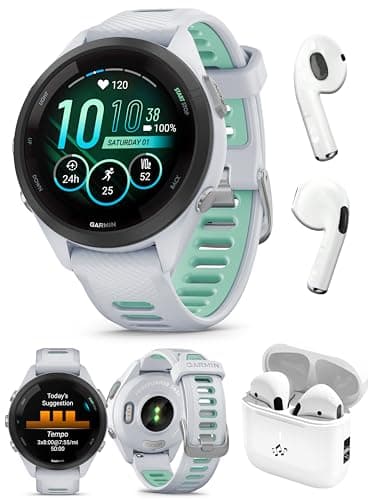 Garmin Forerunner 265S (Whitestone/Neo Tropic) Running GPS Smartwatch Bundle - Bright AMOLED Display, Advanced Training, Recovery Insights - Includes PB Wireless Running Earbuds