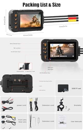 CAMECHO Motorcycle Dash Cam Front and Rear, IP67 Waterpoorf Dual Dash Camera with 32GB Card, 3" HD Car Camera with G-Sensor, Night Vision, Loop Recording, Dashcam for Motorbike, Motorsports 8