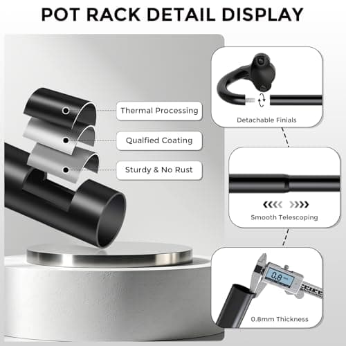 Mogaath Hanging Pot Pan Rack, Heavy Duty 5/8'' Diameter Adjustable Kitchen Organizer, 32 Inch Iron Wall Mounted Pot Rack Detachable Rail with 5 Hooks for Pots, Pans, Lids, Utensils, Matte Black 5