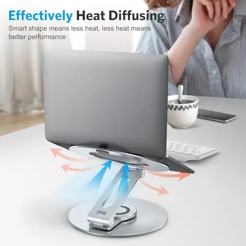 OMOTON Adjustable Laptop Stand with 360 Rotating Base, Ergonomic Laptop Riser for Collaborative Work, Dual Rotary Shaft Fully Foldable for Easy Storage, Fits All Laptops up to 16 inches, Silver 9