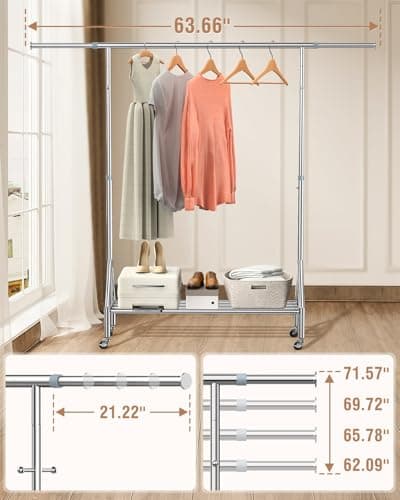 100% Stainless Steel Clothing Rack Load 760LBS, Ultra-Stable Heavy Duty Clothes Rack W/ Reinforced Rubber Ring, Extendable Adjustable Rolling Garment Racks W/ Sturdy Wheel for Portable Hanging Clothes 5