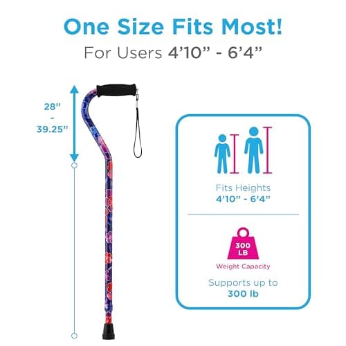 Nova Joy Designer Offset Walking Cane for Seniors - Unisex Adjustable Lightweight Aid with Foam Handle, Wrist Strap and Anti-Rattle Lock - Essential Mobility Support - Maui Flowers 5