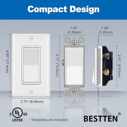 BESTTEN 10 Pack 3-Way Decorator Wall Light Switch with Wallplate, 15A 120V/277V, Single Pole or Three Way, On/Off Paddle Rocker Interrupter, UL Listed, White 7