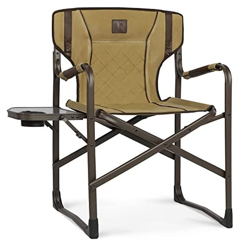 TR Oversized Folding Directors Chairs with Side Table, Portable Heavy Duty Camping Chair for Adults Support 350-lb for Outdoor Picnic Lawn Hunting (Brown)