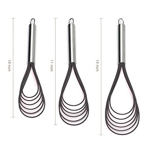 Flat Whisks Stainless Steel,3 Pack 10''+11''+12'' Set Premium Sturdy-6 Silicone Heads Non Stick Wires Whisk for Blending Beating Stirring Kitchen Cooking Color Grey by Jell-Cell 6
