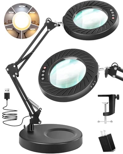 10X Magnifying Glass with Light and Stand, 5 Color Modes Brightness Stepless Dimmable, 2-in-1 LED Desk Lamp with Clamp, Swivel Arm Lighted Magnifier Hands Free for Crafts, Hobby, Reading, Close Work