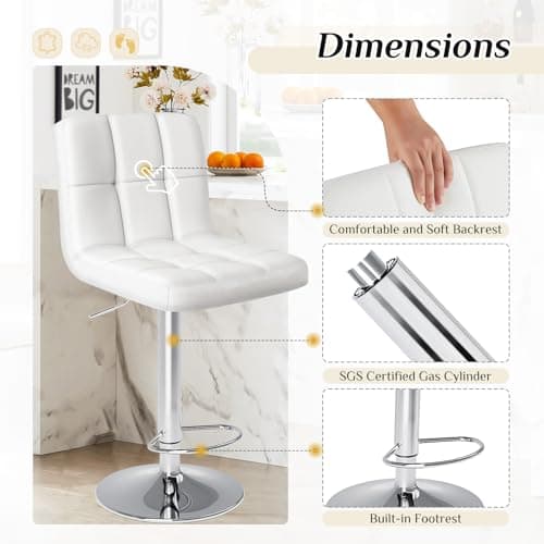 DUMOS Bar Stools Set of 2, Armless Adjustable Swivel Barstools, PU Leather Hydraulic Kitchen Counter Height Bar Stools, Thickened Seat Cushion Square Island Barstools with Back, White 5