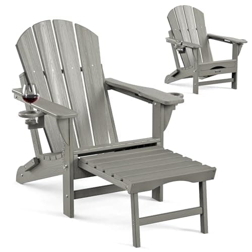 Ciokea Folding Adirondack Chair with Retractable Ottoman Fire Pit Patio Chair with Pull Out Foot Rest Weather Resistant Lawn Outdoor Lounge Chair with 3 Cup Holder(Smoke Grey)