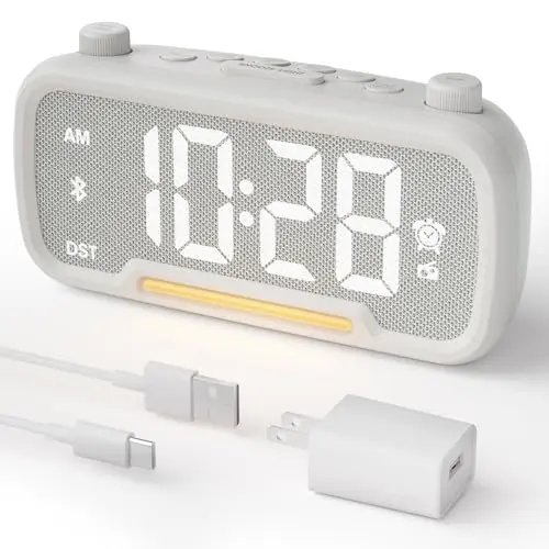 Alarm Clock Radio for Bedrooms, Hi-Fi Sound, Clock Radio with Bluetooth Speaker, Adjustable Dimmer, Auto-off Timer, Night Light, Dual Charging Ports, Ideal for Bedrooms, Dorms & Home Offices(White)